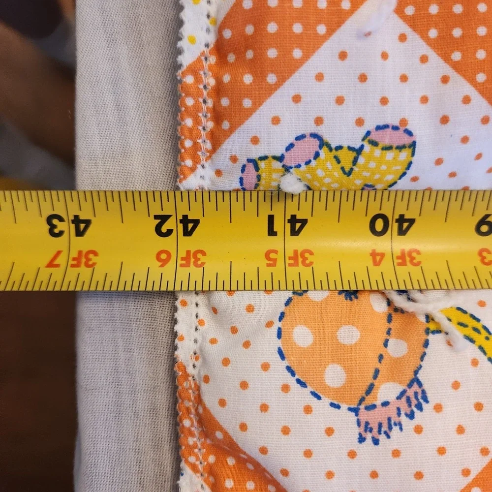 Vtg 70s Handmade Tied Baby Crib Quilt Animals & Polka Dots Orange Mod Nursery